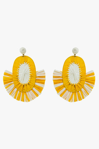 Boucles d'oreilles pendantes en raphia avec pompons jaunes et blancs