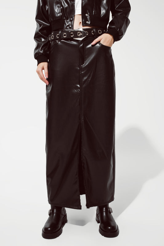 Maxi faux leather skirt with cut at the front - Skirts