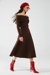 Maxi Knitted wide Bardot Dress in brown
