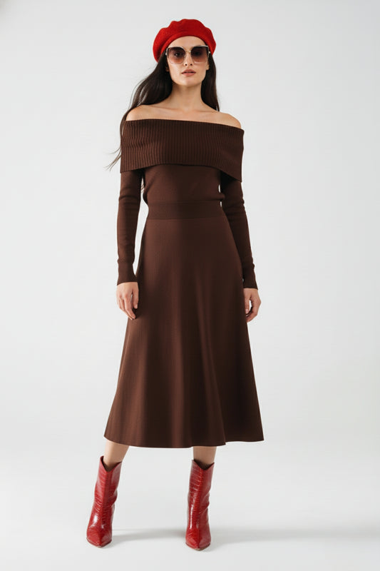 Maxi Knitted wide Bardot Dress in brown - Dresses