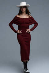 Maxi Knitted wide Bardot Dress in burgundy