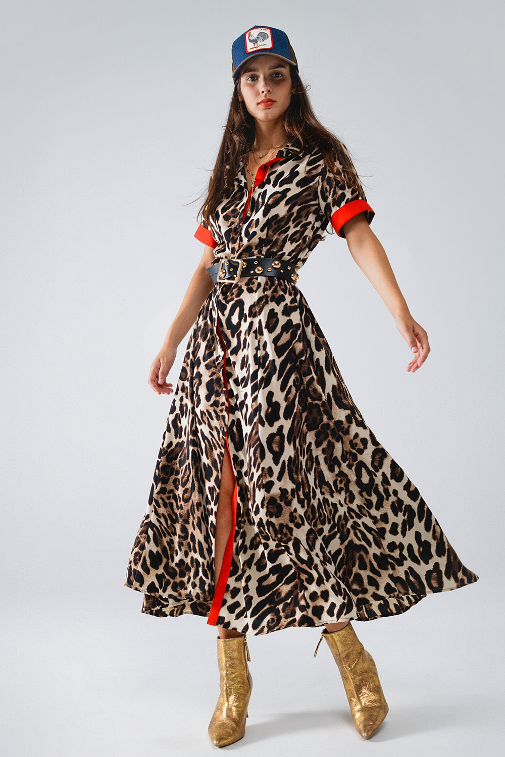 Maxi Leopard Button-Down Dress With Red Details - Dresses