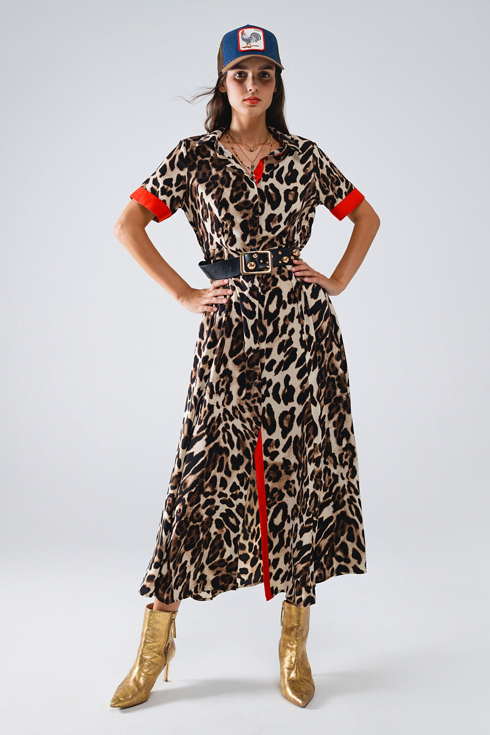 Maxi Leopard Button-Down Dress With Red Details - Dresses