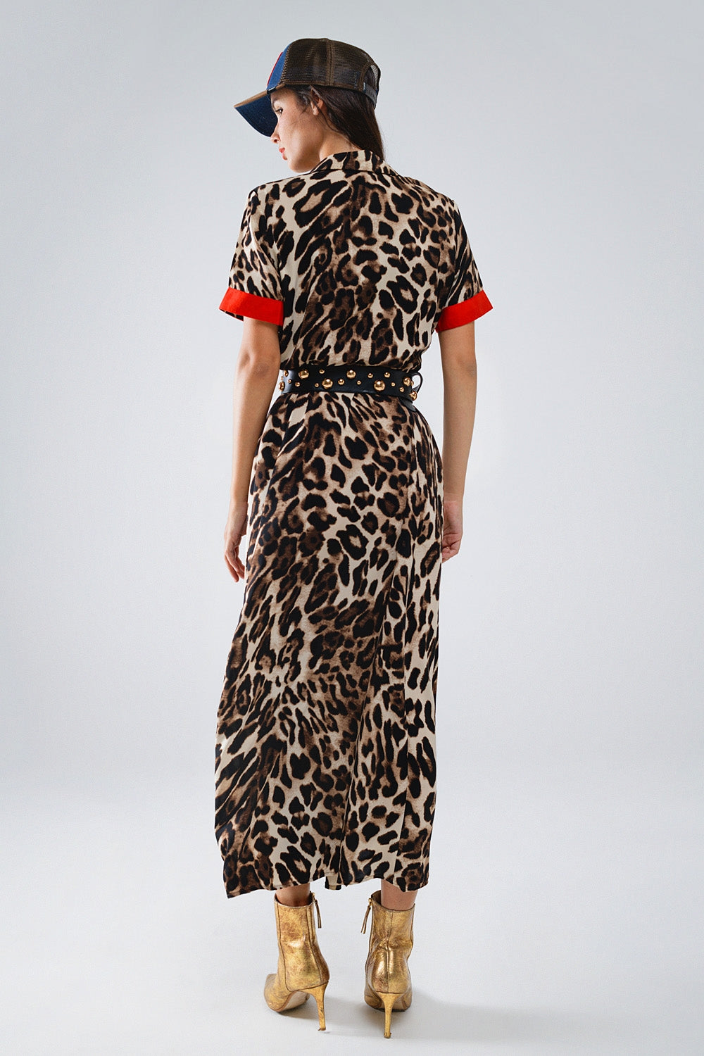 Maxi Leopard Button-Down Dress With Red Details - Dresses