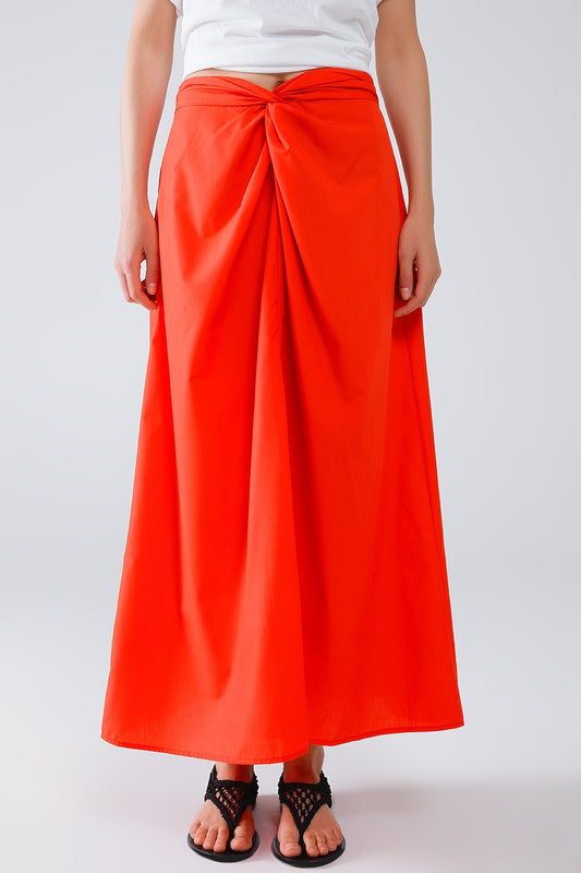 Maxi orange poplin skirt with knot detail at the waist - Skirts