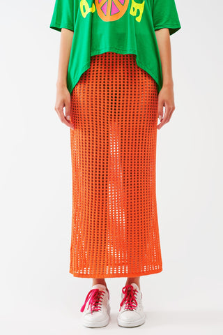 maxi sheer crochet skirt in Orange