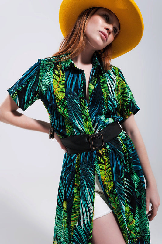 Q2 Tropical Print Maxi Shirt Dress with Belt and Yellow Hat for Summer Style