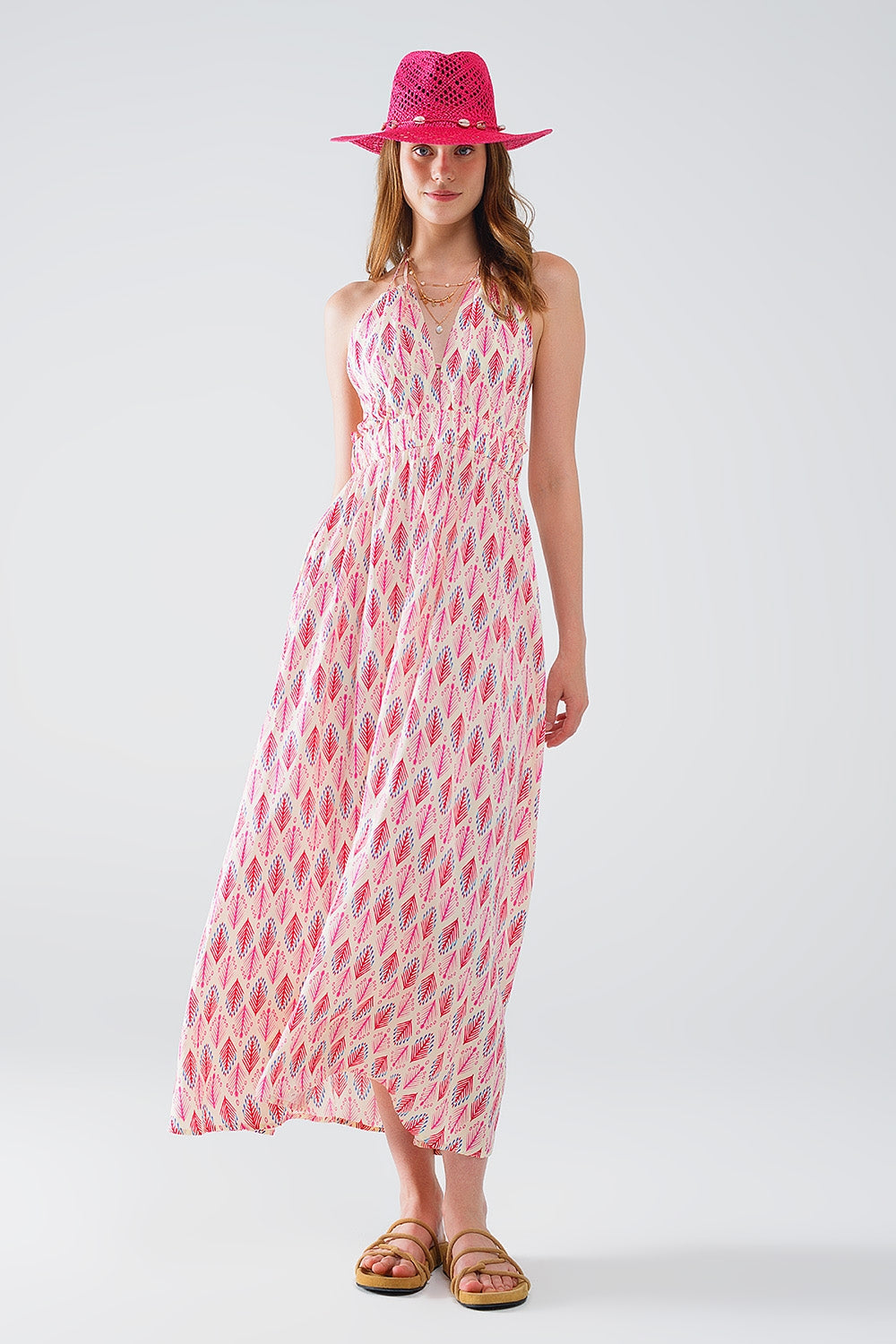 Maxi Summer Dress With Feather Print and Open Back in Pink - Dresses