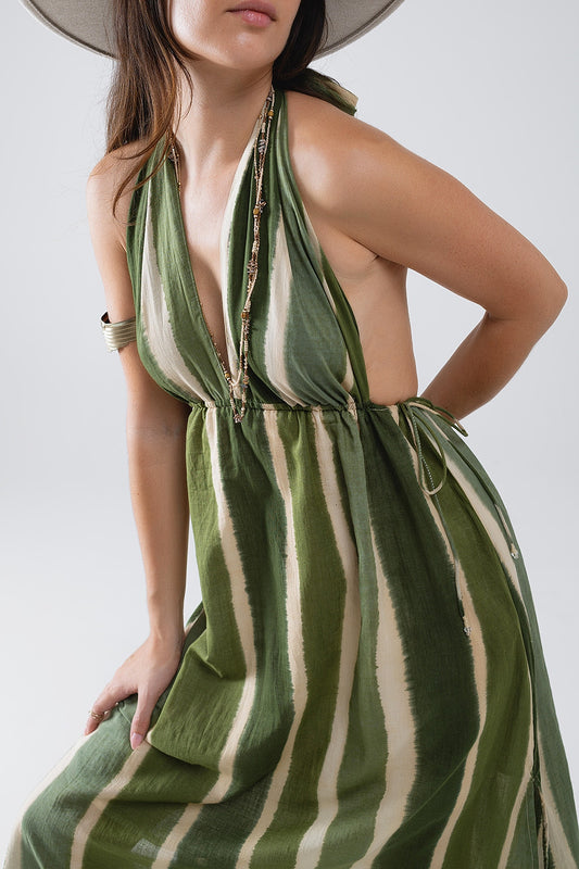 Maxi V-Neck Halter Dress With Side Slits In Striped Tie-dye Green - Dresses