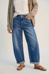 medium wash Barrel jeans with knee seam detail