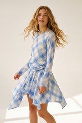 mesh fabric Long Sleeve Asymmetrical Dress in blue