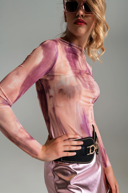Mesh Top Rouched At The Side In Abstract Pink Print - Tops