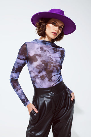 Mesh Top Rouched At The Side In Abstract Purple Print