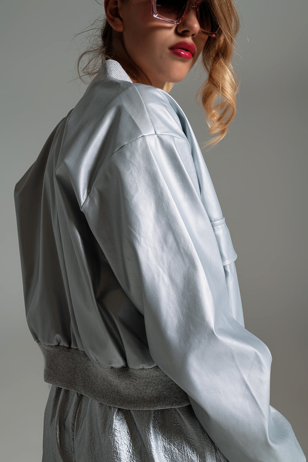 Metallic Bomber Jacket With Front Pockets in Silver - Jackets