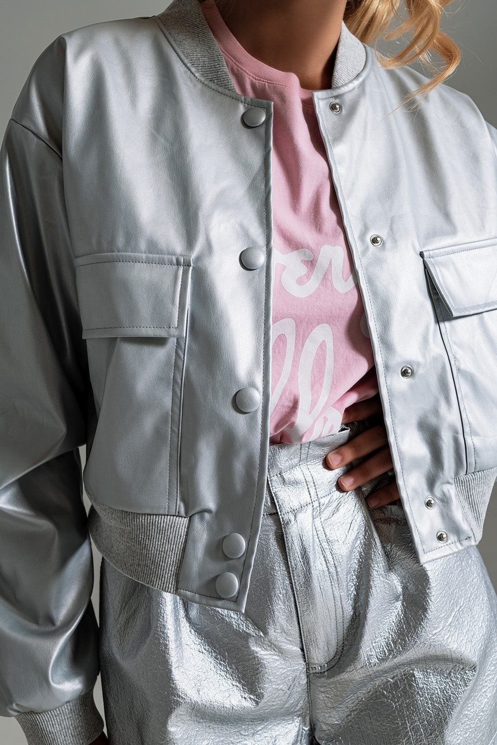 Metallic Bomber Jacket With Front Pockets in Silver - Jackets