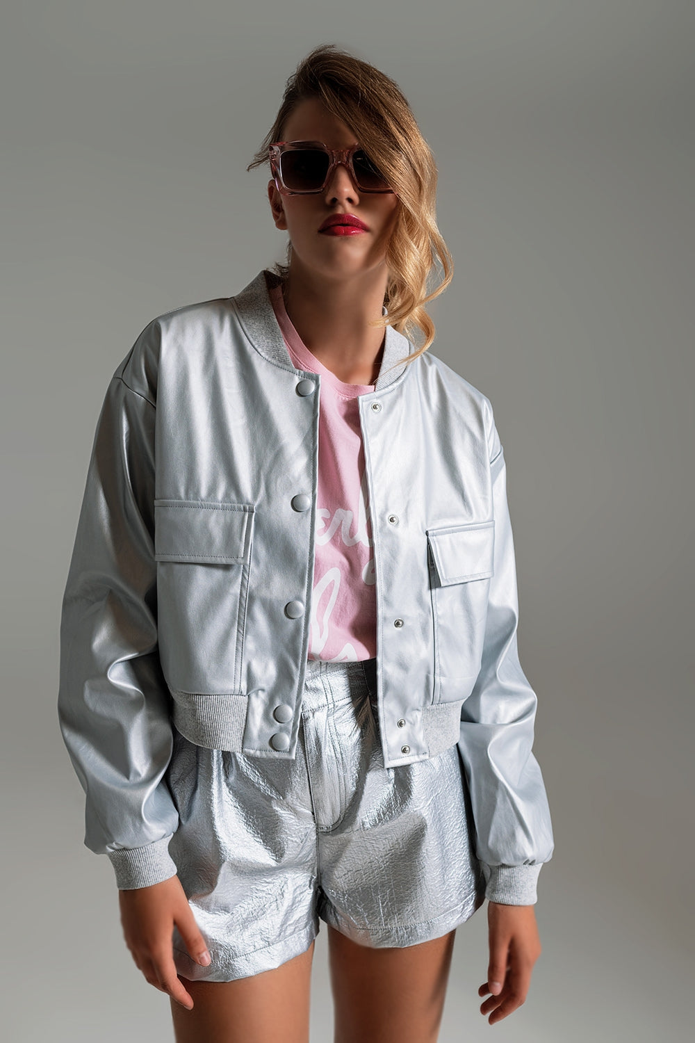 Metallic Bomber Jacket With Front Pockets in Silver - Jackets
