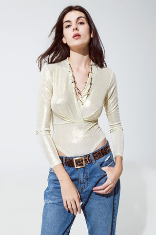 Metallic Finish Bodysuit With Draped Details In Pearl White