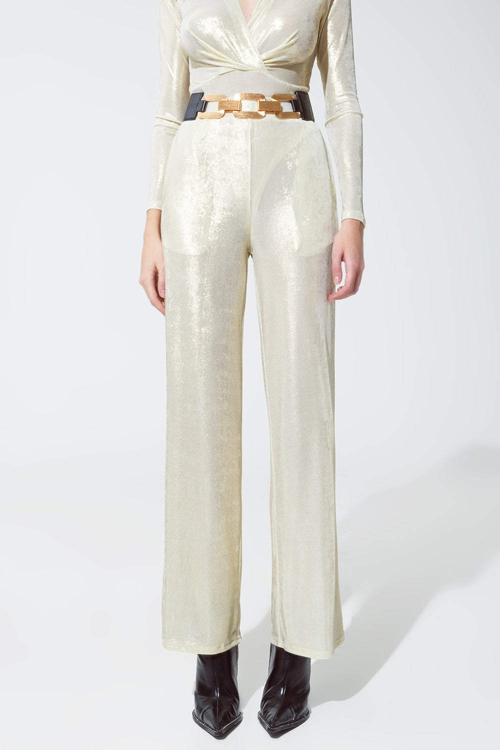 Metallic Finish Flared Legging in Pearl White. - Trousers
