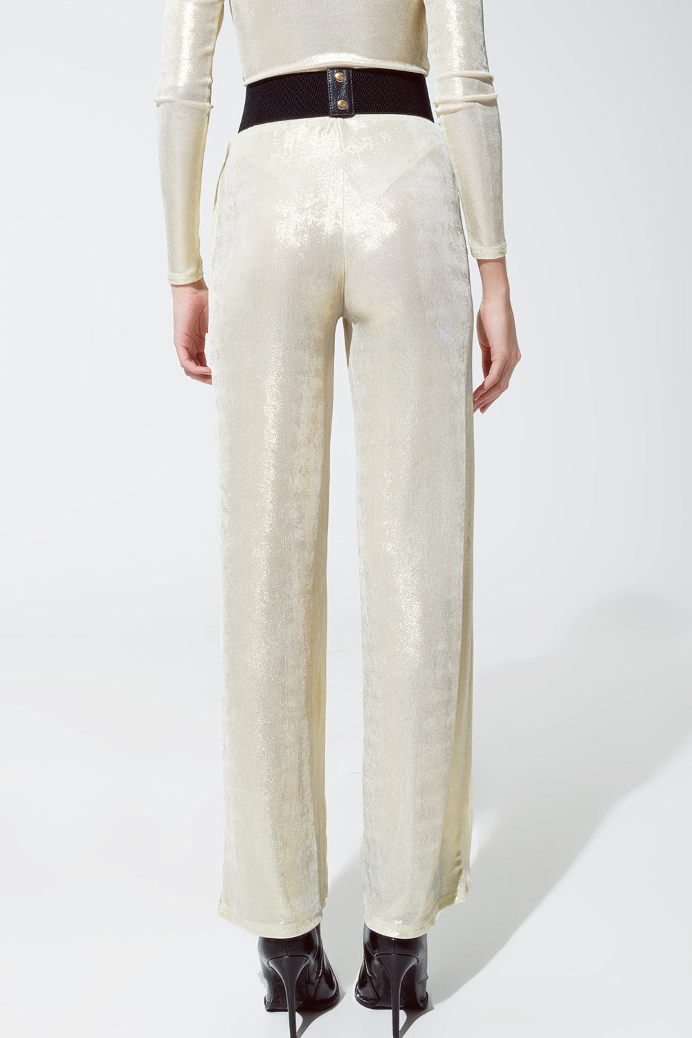 Metallic Finish Flared Legging in Pearl White. - Trousers
