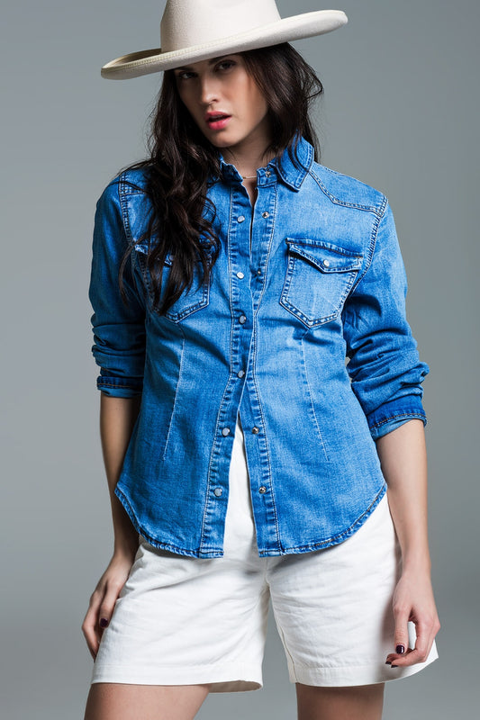 Mid Wash Denim Shirt With Chest Pockets And Press Buttons - Shirts