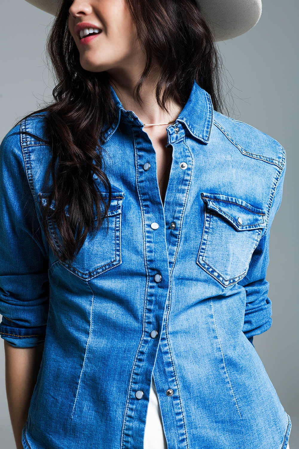 Mid Wash Denim Shirt With Chest Pockets And Press Buttons - Shirts