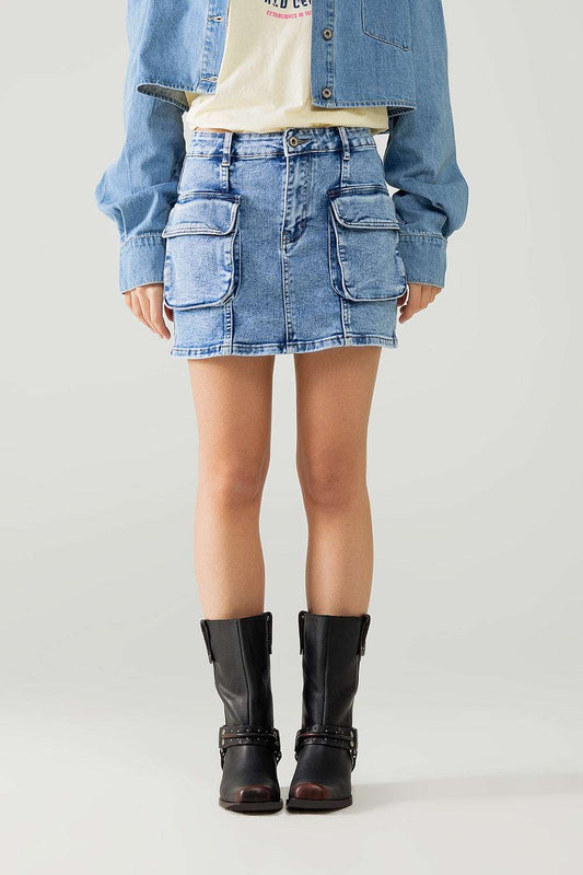 mid wash mini skirt with cargo pockets - Skirts