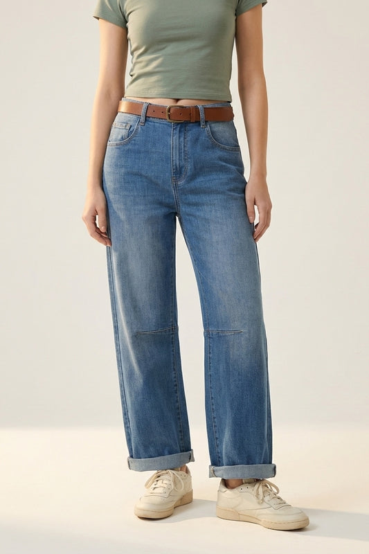 Mid-Wash Straight-Leg Denim Jeans with Rolled Cuffs - Jeans
