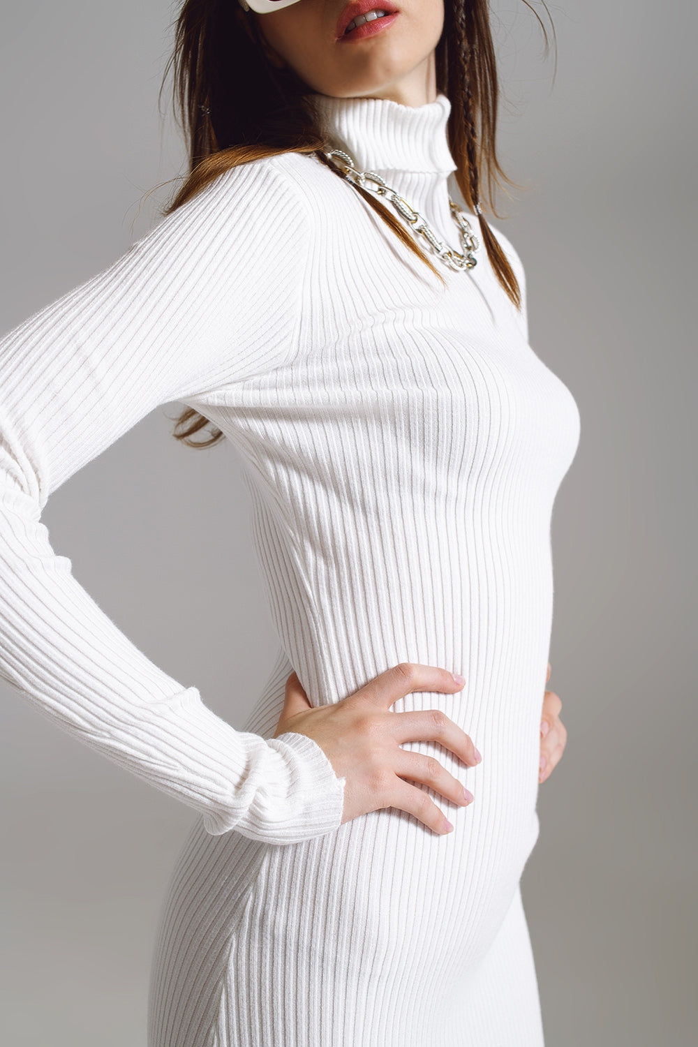 Midi Bodycon Knitted Dress With Turtle Neck in White - Dresses