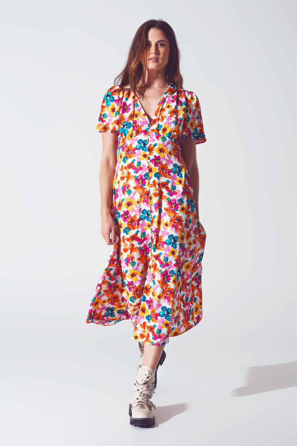 Midi Cinched In Wist Dress In Multicolot Floral Print - Dresses