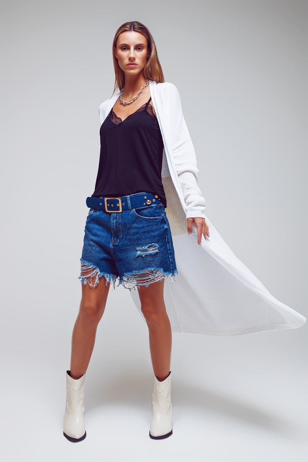 Midi Colourblock Cardigan in White - Cardigans