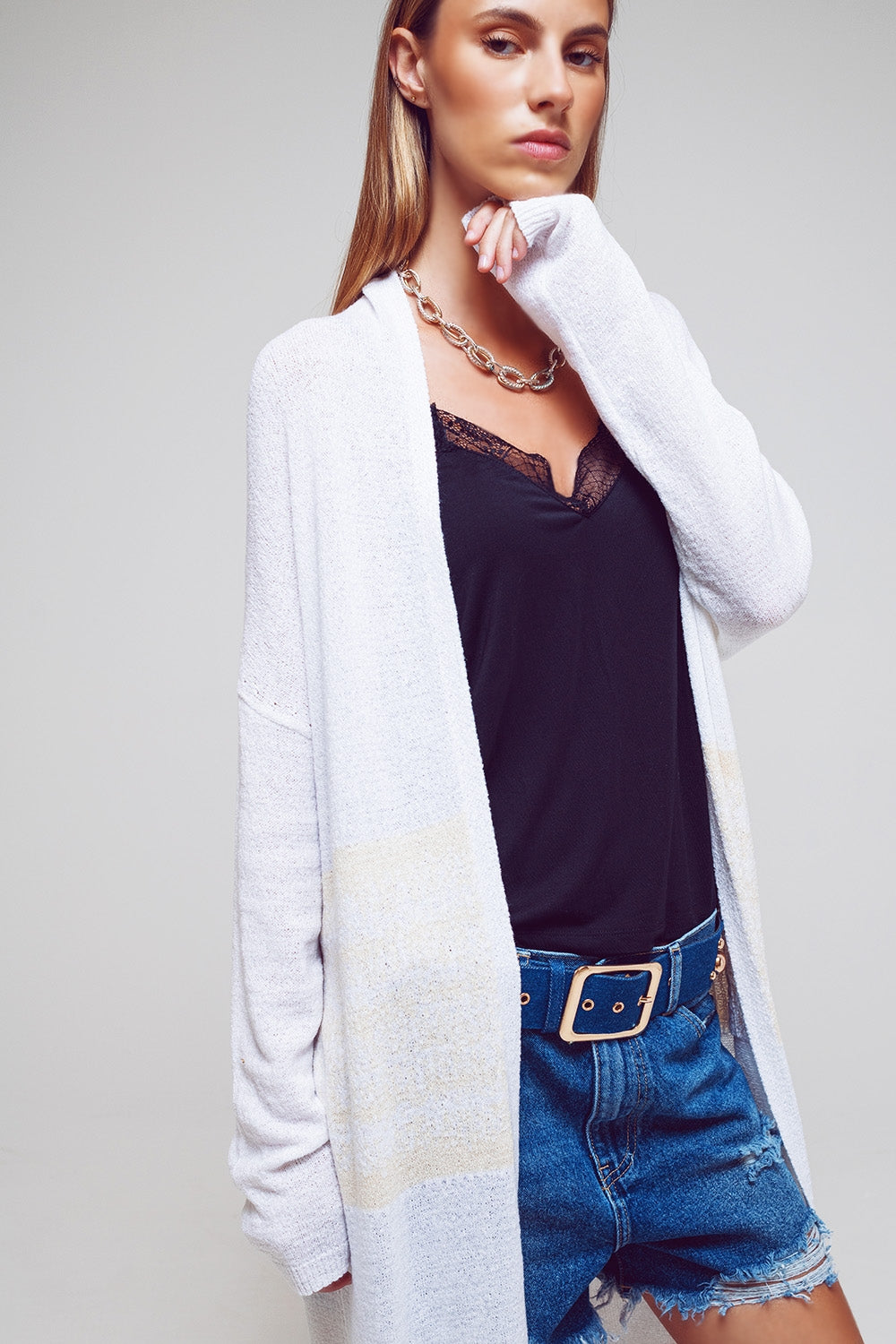 Midi Colourblock Cardigan in White - Cardigans