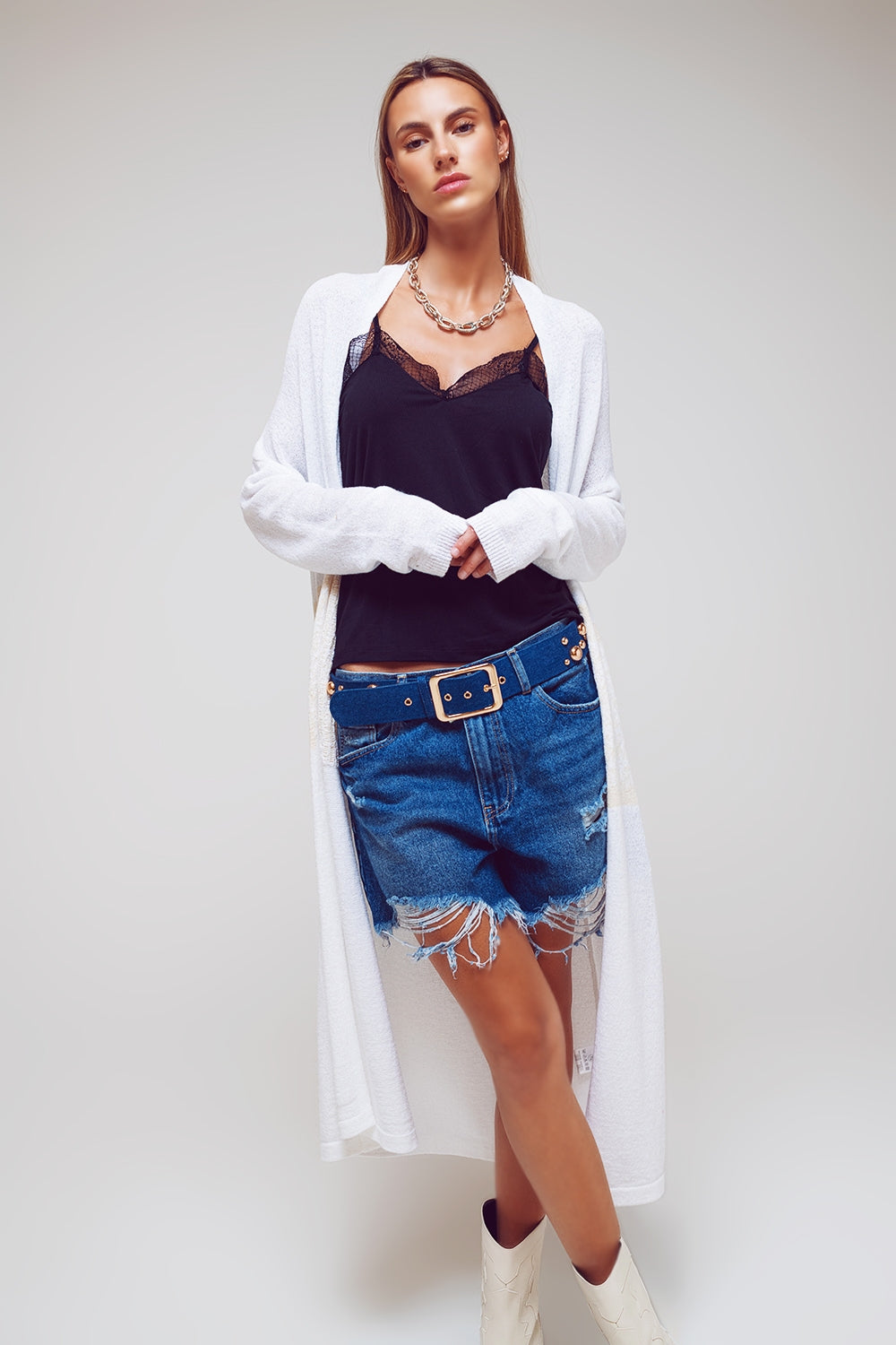 Midi Colourblock Cardigan in White - Cardigans