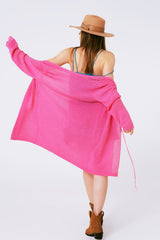 Cardigan Midi Crochê com Cordão Rosa