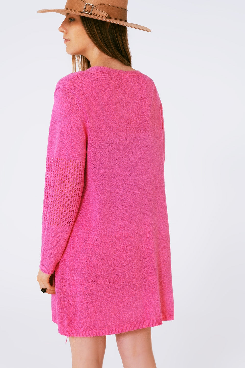 Midi Crochet Drawstring Cardigan in Pink - Cardigans