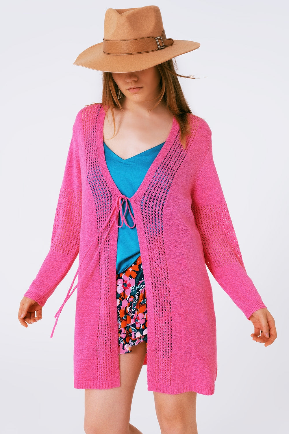 Midi Crochet Drawstring Cardigan in Pink - Cardigans