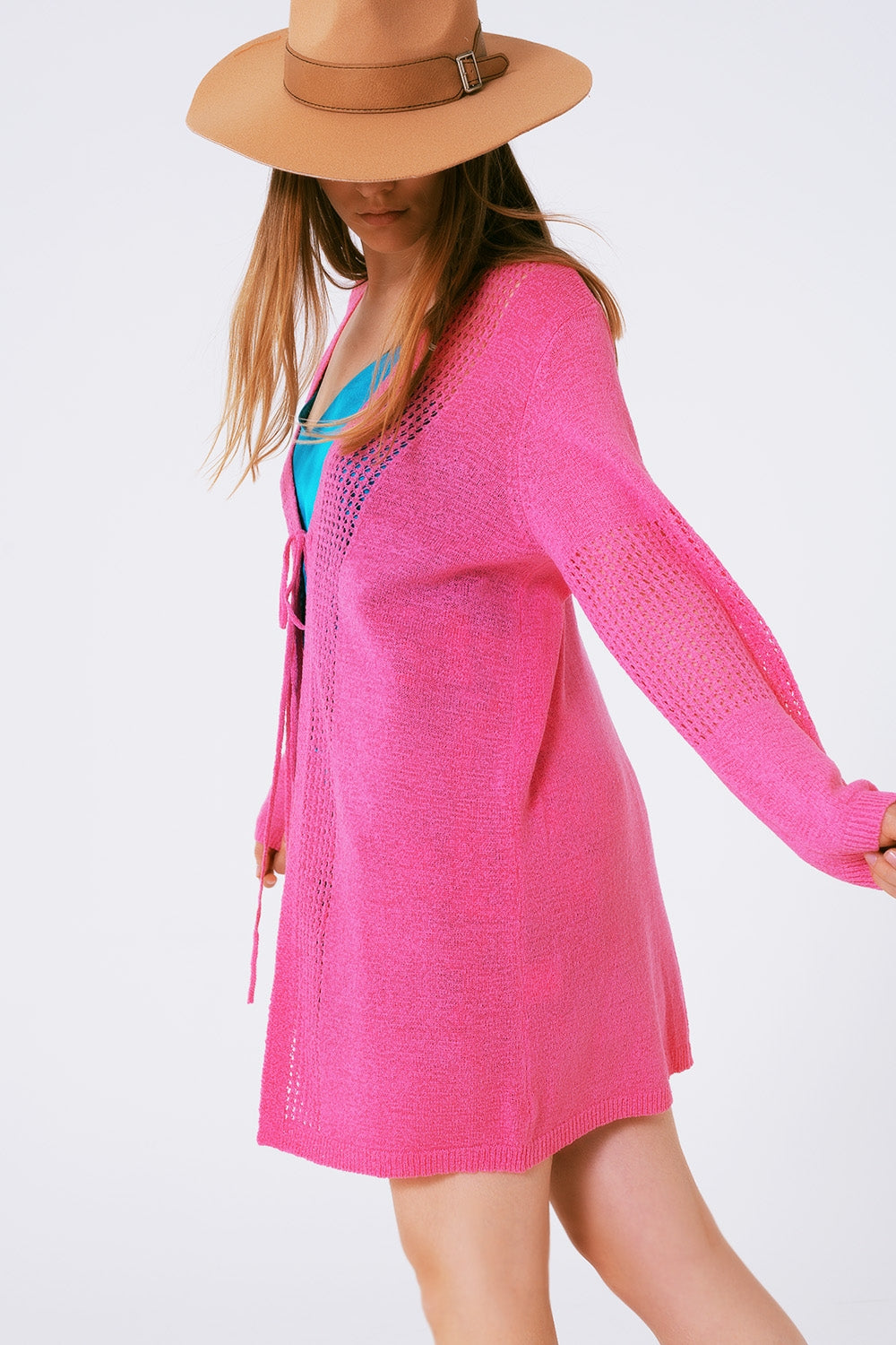 Midi Crochet Drawstring Cardigan in Pink - Cardigans