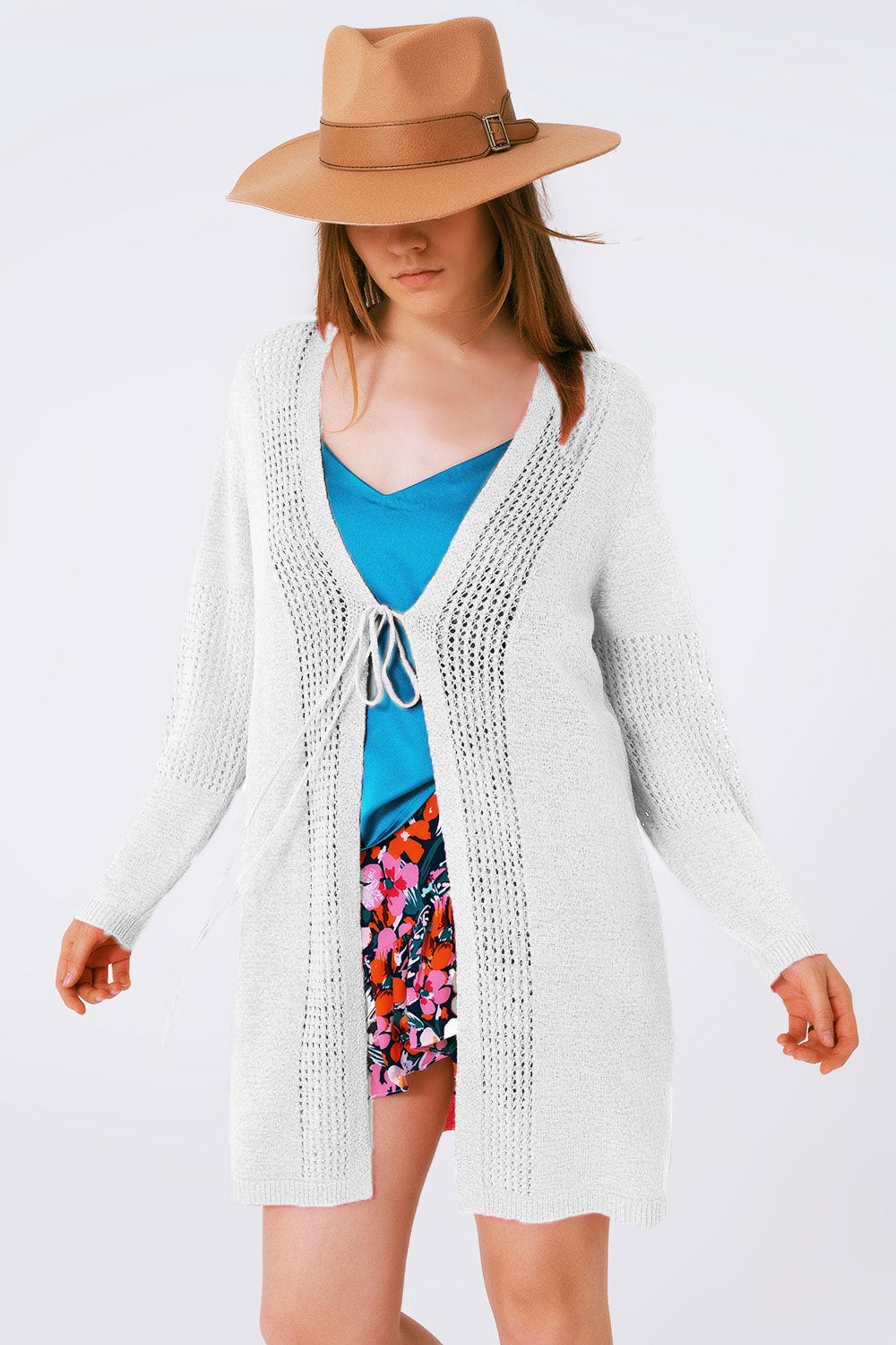 Midi Crochet Drawstring Cardigan in White - Cardigans