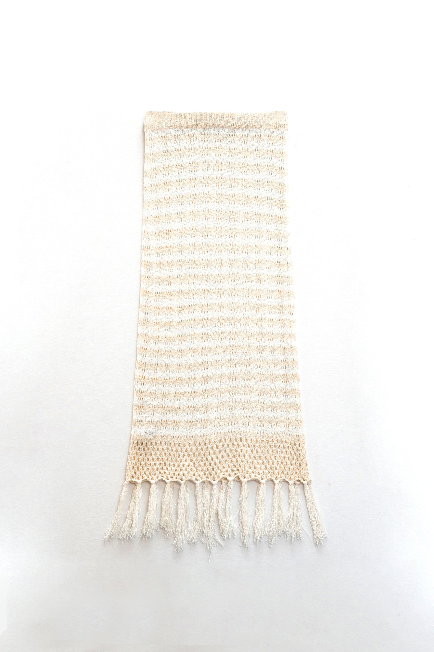 Midi Crochet White Skirt With Beige Stripes and Fringe Hem - Skirts