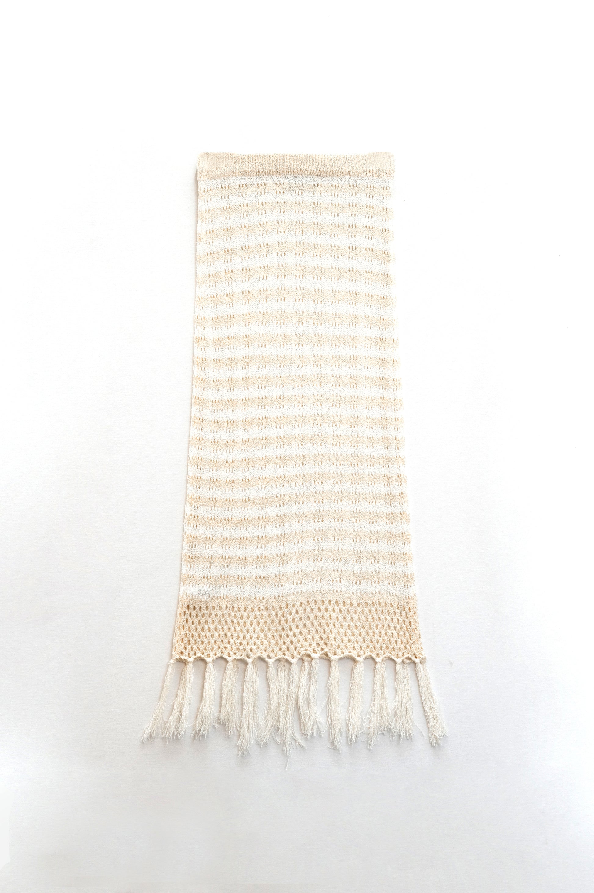 Midi Crochet White Skirt With Beige Stripes and Fringe Hem - Skirts