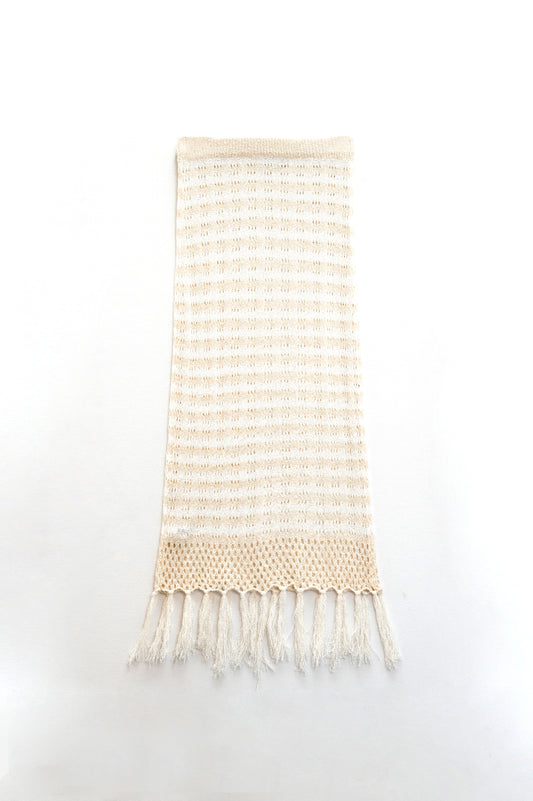 Midi Crochet White Skirt With Beige Stripes and Fringe Hem - Skirts