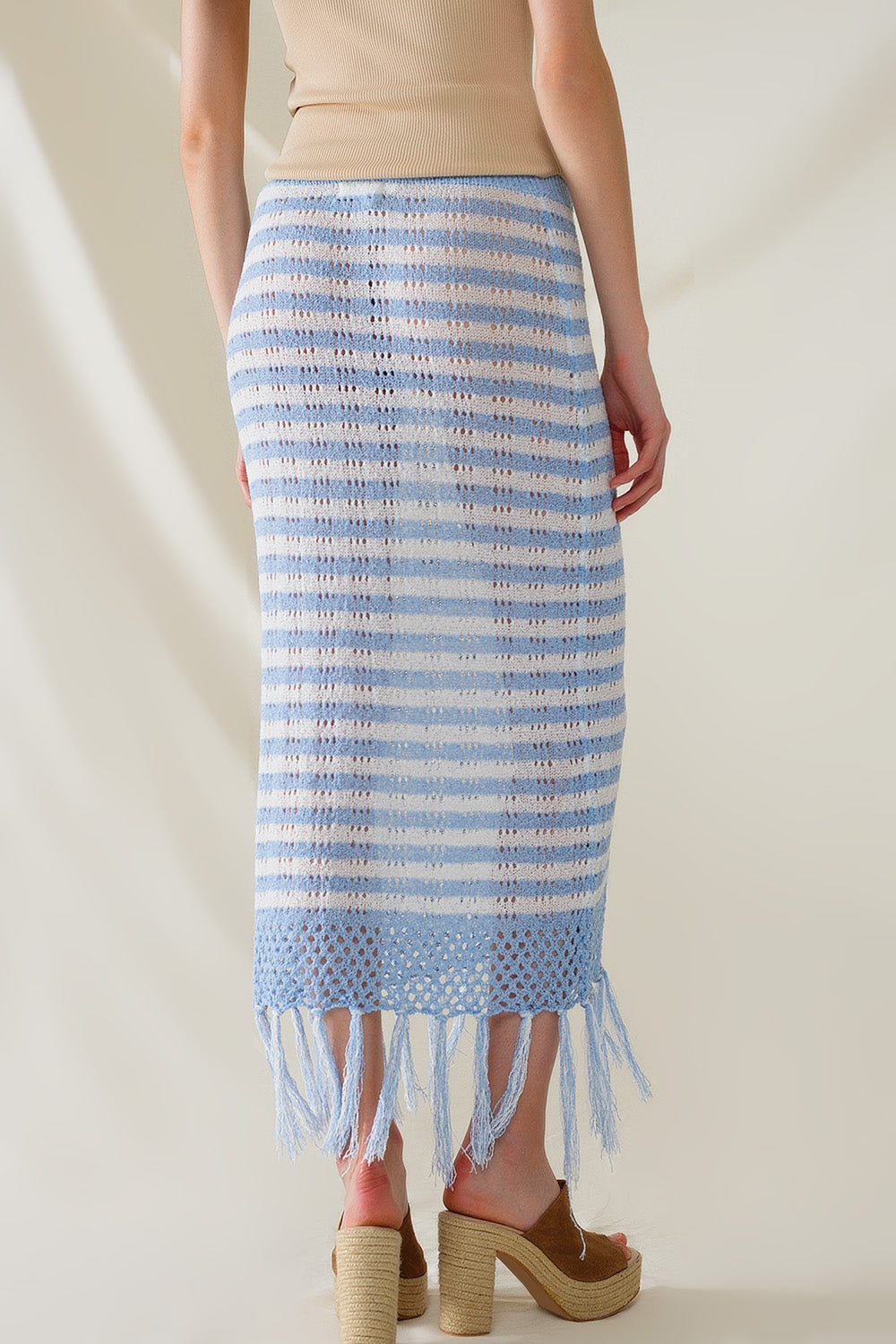 Midi Crochet White Skirt With Blue Stripes and Fringe Hem - Skirts