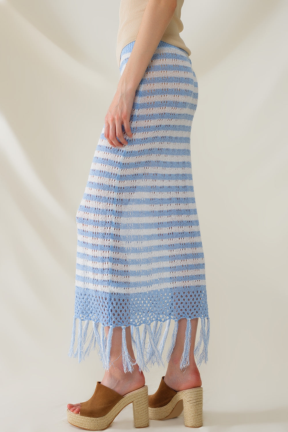 Midi Crochet White Skirt With Blue Stripes and Fringe Hem - Skirts
