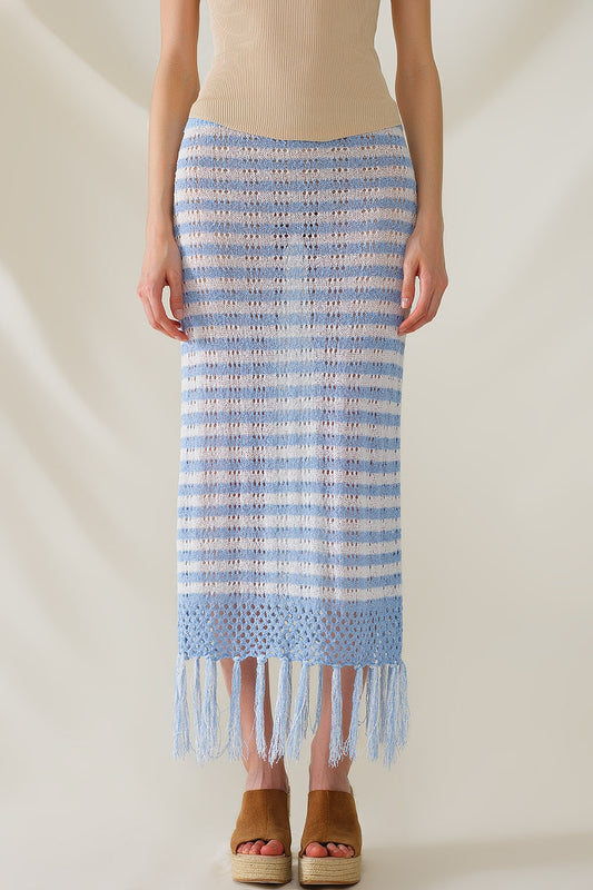 Midi Crochet White Skirt With Blue Stripes and Fringe Hem - Skirts