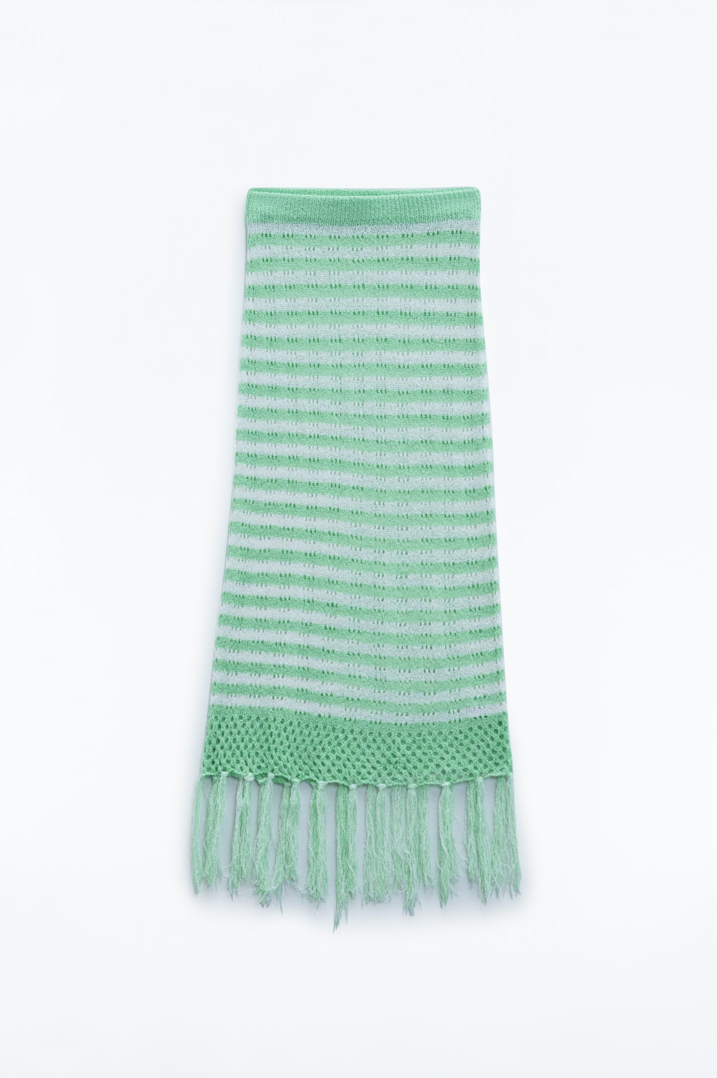Midi Crochet White Skirt With Green Stripes and Fringe Hem - Skirts
