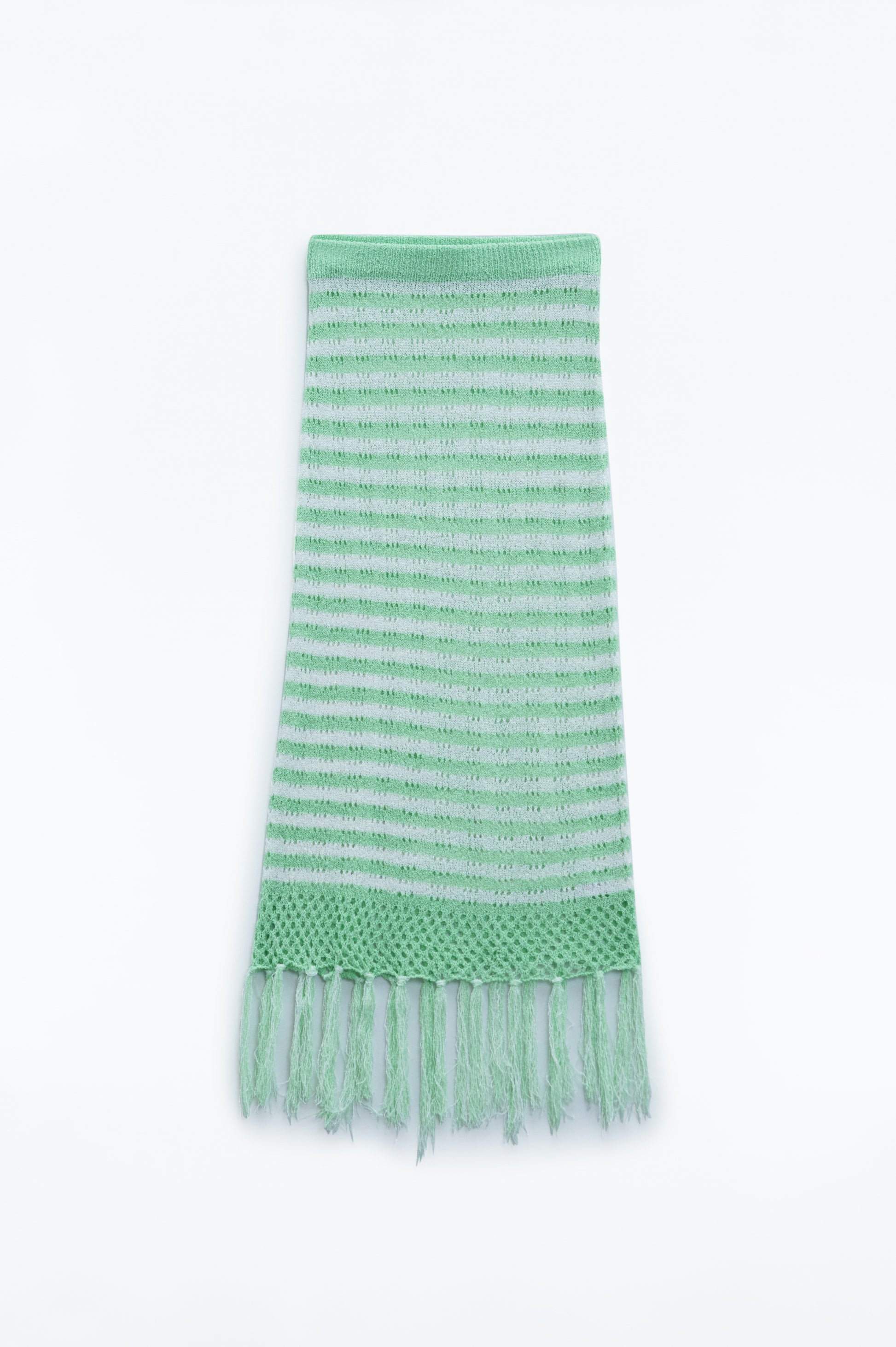 Midi Crochet White Skirt With Green Stripes and Fringe Hem - Skirts