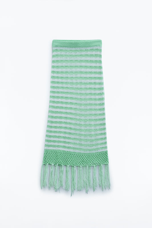 Midi Crochet White Skirt With Green Stripes and Fringe Hem - Skirts