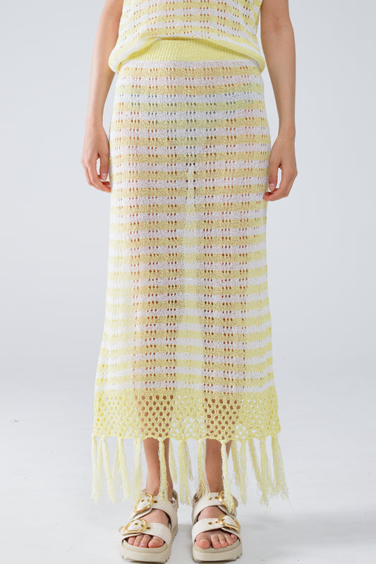 Midi Crochet White Skirt With Yellow Stripes and Fringe Hem - Skirts
