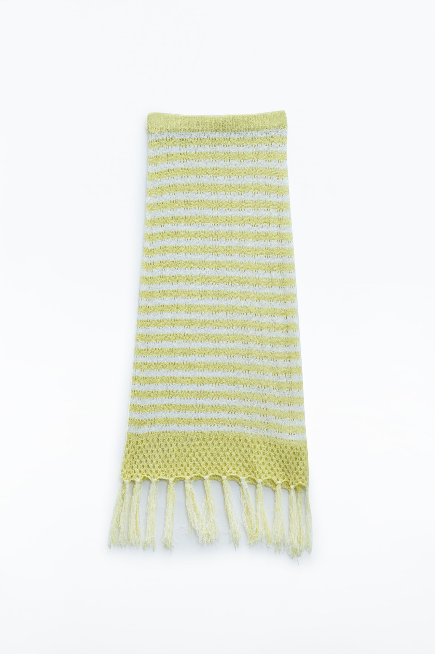 Midi Crochet White Skirt With Yellow Stripes and Fringe Hem - Skirts