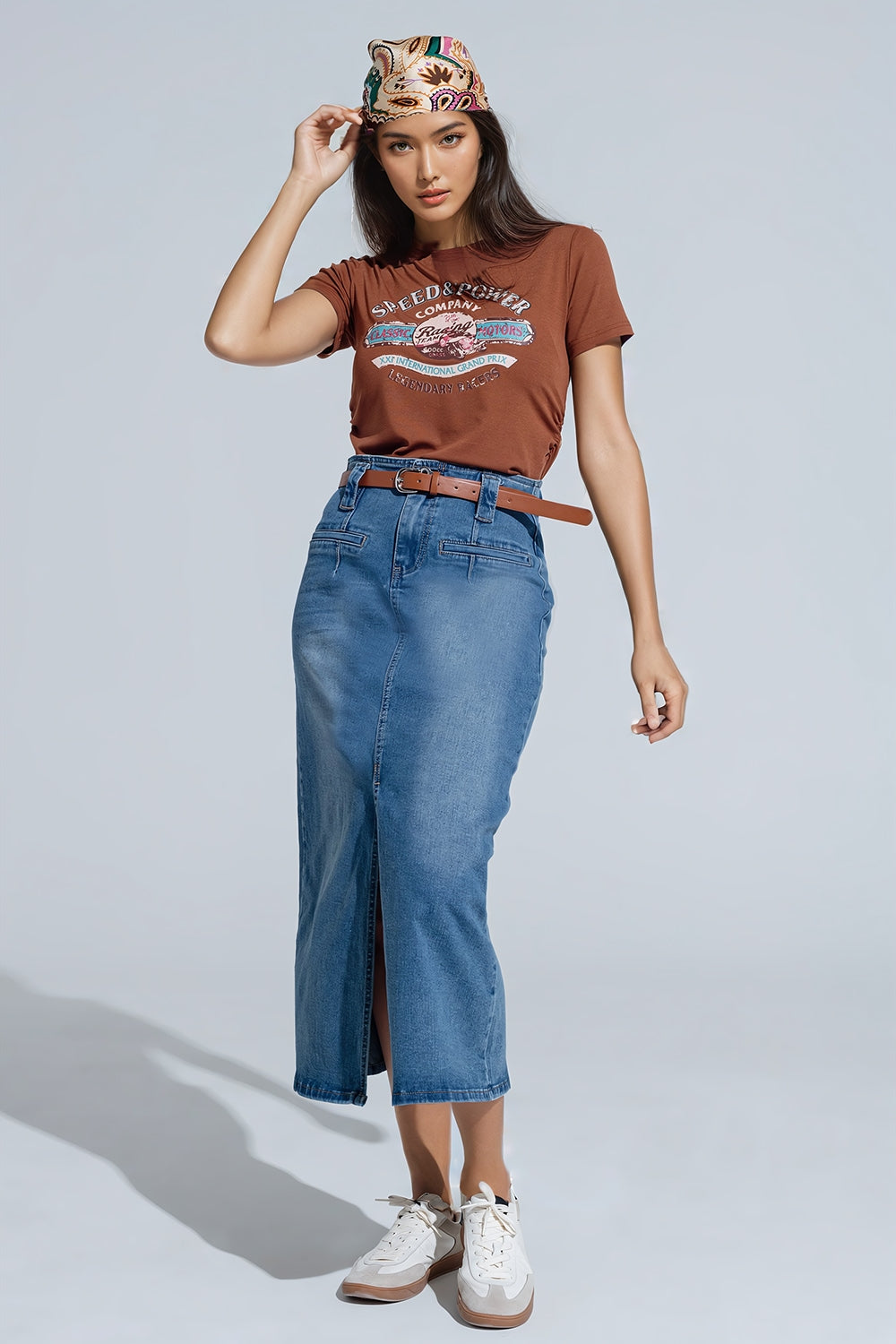 Midi Denim Skirt In Blue With Front Split - Skirts