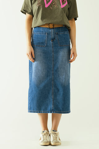 Midi denim skirt with front pockets
